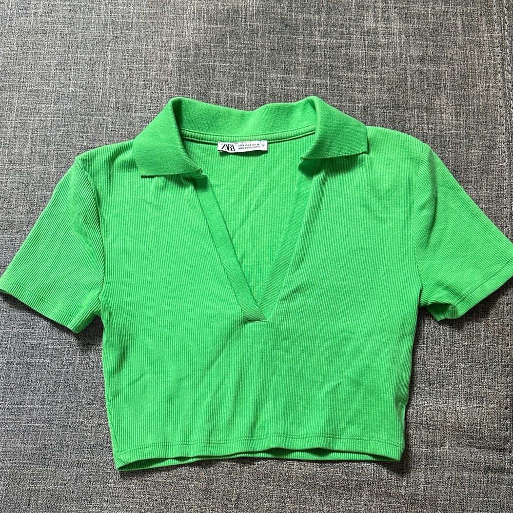Zara Bright Green V-Neck Polo Top